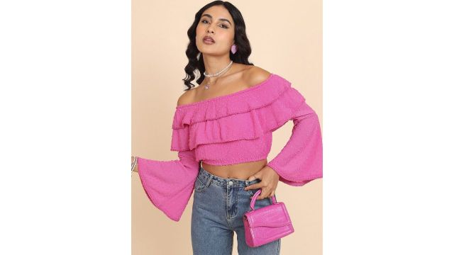 Tokyo Talkies Pink Self Design Off-Shoulder Bell Sleeve Bardot Crop Top