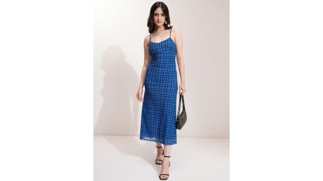 Tokyo Talkies Women Shoulder Straps Checked Bodycon Midi Dress