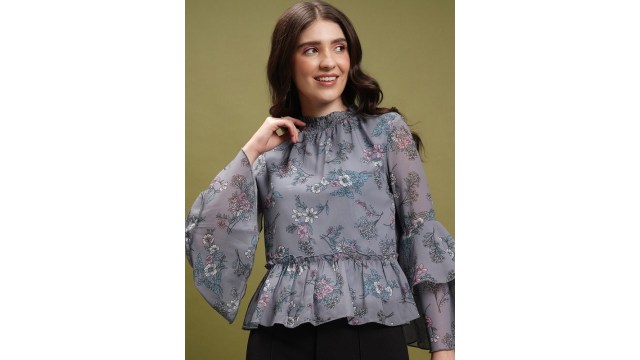 Tokyo TalkiesGrey Floral Printed High Neck Bell Sleeves Ruffles Peplum Top