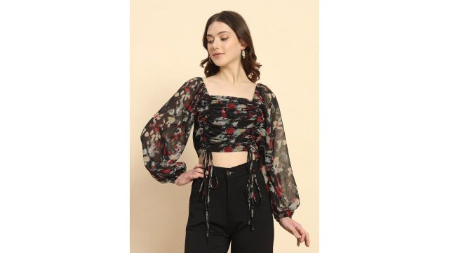 Trend Arrest Floral Printed Square Neck Puffed Sleeves Georgette Ruched Crop Top