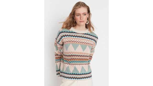 Trendyol Women Green & Cream-Coloured Acrylic Pullover
