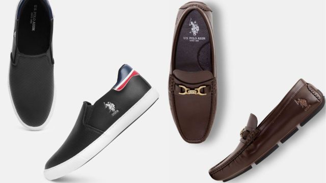 U.S. Polo Assn. Men Textured Loafers (black) and U.S. Polo Assn. Men PU Loafers (brown, buckle detail)