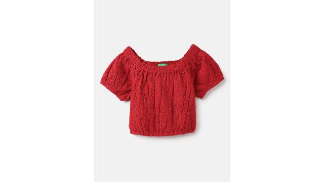 United Colors of Benetton Embroidered Off-Shoulder Cotton Bardot Top