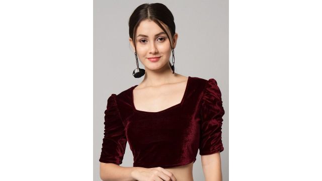 VAARARO Puff Sleeves Sweetheart Neck Velvet Blouson Crop Top