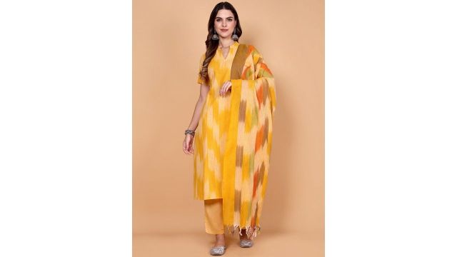 Vastara the Label Ikat Printed Organic Cotton Straight Kurta With Trousers & Dupatta