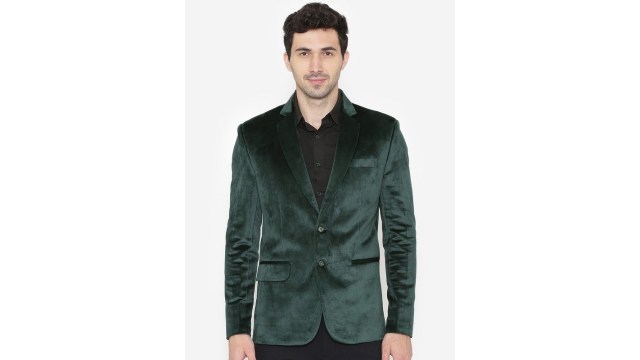 WintageWINTAGE Men Green Solid Single-Breasted Velvet Blazer