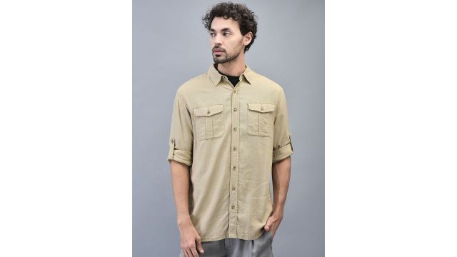 Woodland Men Spread Collar Solid Casual Shirt