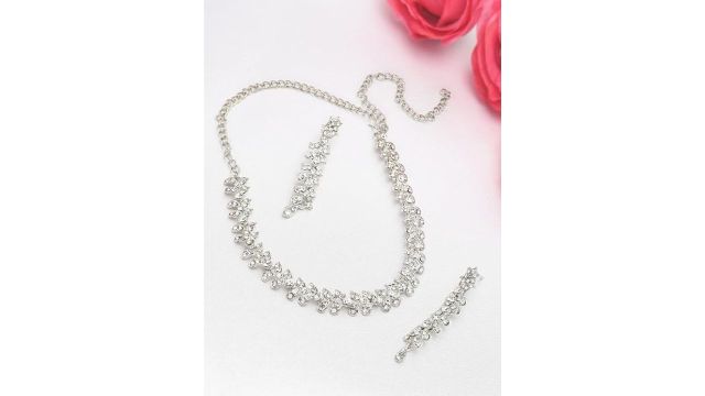 ZAVERI PEARLS Twinkling Leaf Twigs Austrian Diamond Necklace