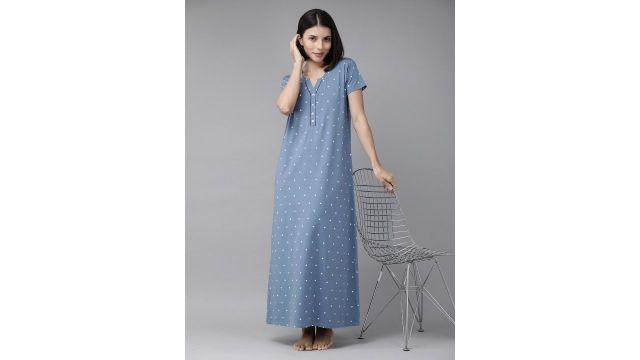 Zeyo Blue Printed Maxi Cotton Nightdress