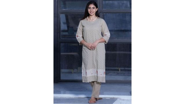 Zuri Floral Self Design Round Neck Regular Organic Cotton Kurta With Trouser
