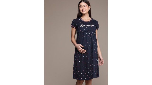 beebelle Navy Blue Printed Maternity & Feeding Pure Cotton Nightdress