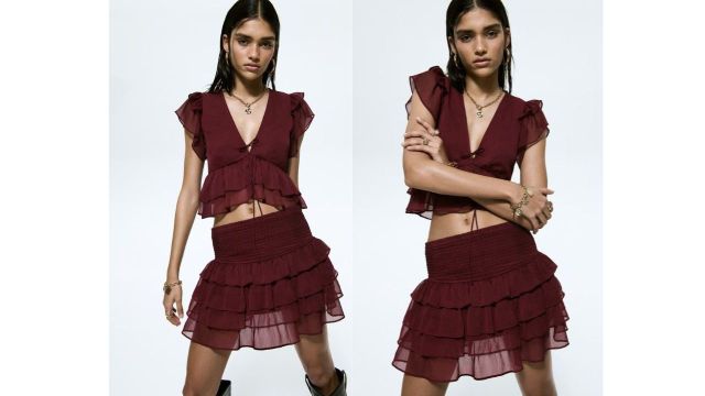 burgundy chiffon skirt + tie-front chiffon V-neck top