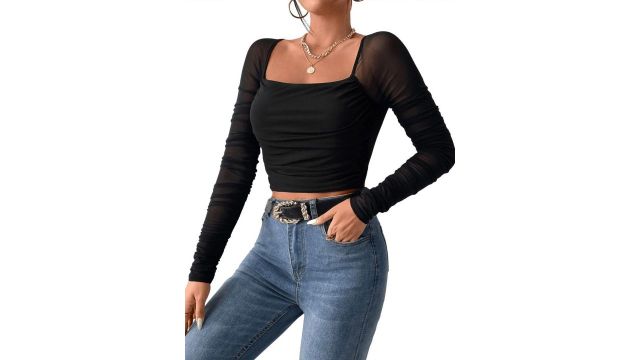 clobug Women Square Neck Ruched Crop Top