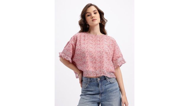 fusion by glitchez Ethnic Printed Extended Sleeves Layered Crop Top