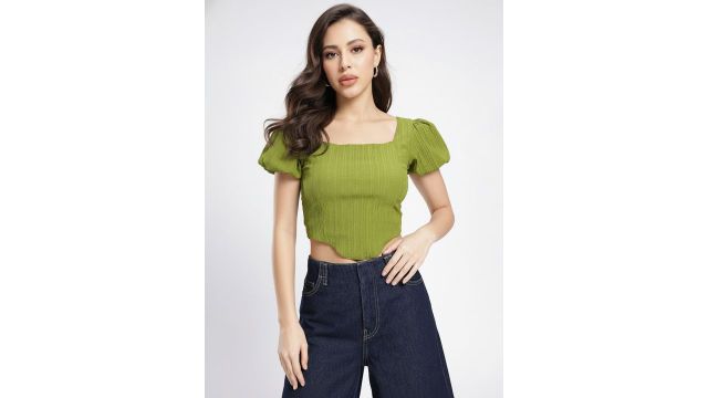 glitchez Olive Green Square Neck Puff Sleeves Crop Top