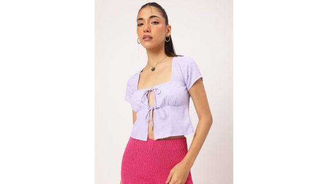 glitchez Weave Tie-Up Detail Front-Open Crop Top