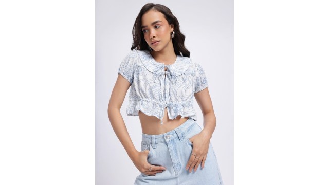 glitchezDoodle Tie-up Front Cinched Waits Crop Top