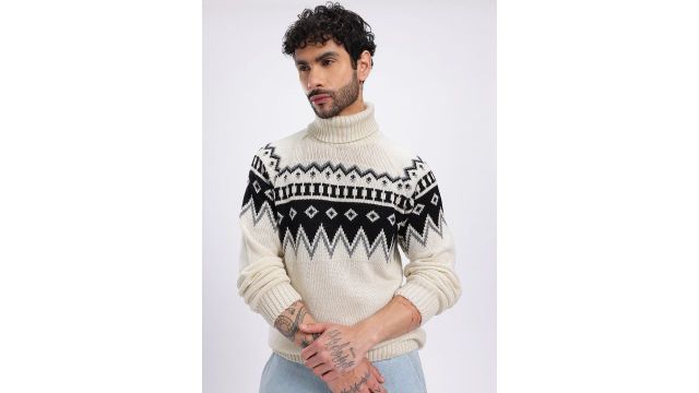 glitchez Geometric Self Design Turtle Neck Relaxed Fit Pullover