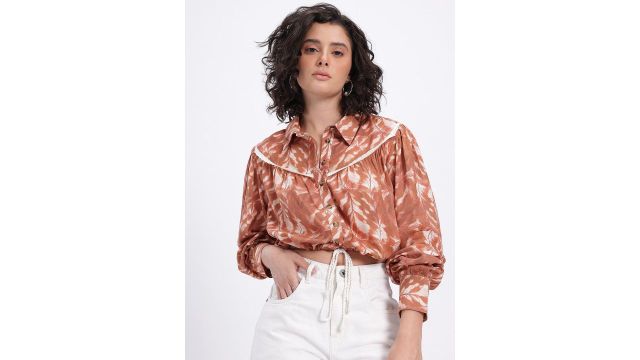 glitchez Printed Schiffli Detail Pleated Relaxed Fit Shirt