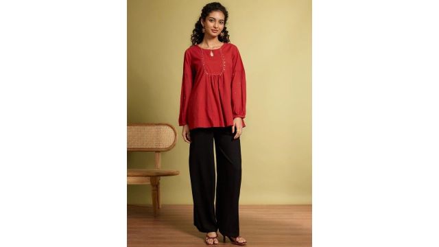 linen embellished keyhole neck Anarkali kurta