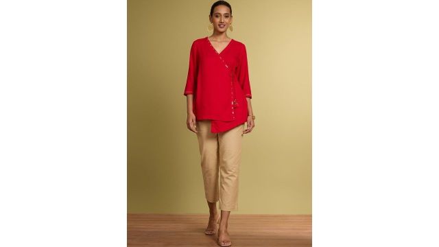 red V-neck three-quarter sleeves Angrakha mirror work A-line kurti