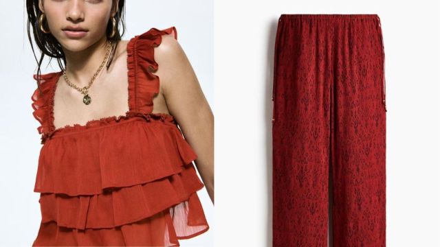 red square-neck tiered top + crinkled trousers