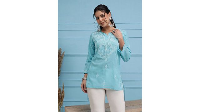 ADA Women Plus Size Blue Chikankari Embroidered Pure Cotton Kurti