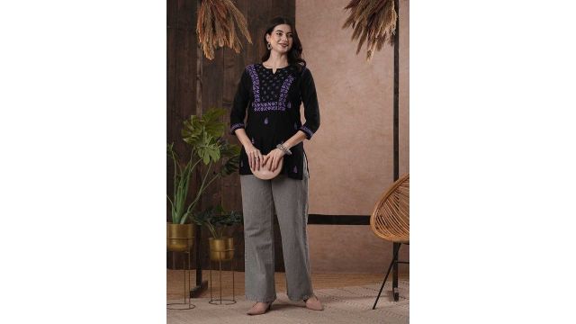 ADA Women Black & Purple Chikankari Embroidered Pure Cotton Straight Kurti