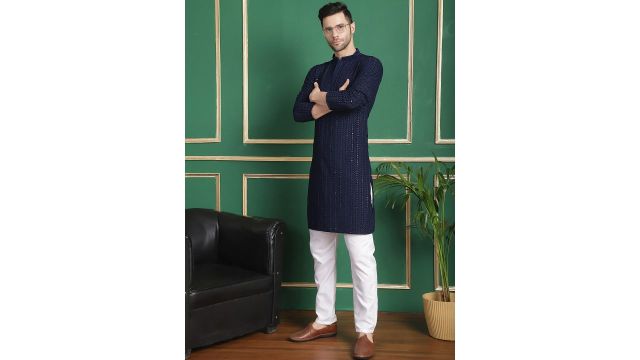 Anouk Navy Blue Geometric Embroidered Sequinned Kurta with Pyjamas