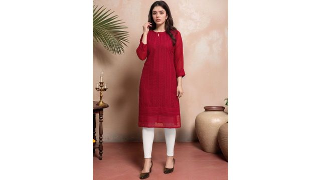 Anouk Rustic Ethnic Motifs Embroidered Chikankari Pure Georgette Chikankari Kurti