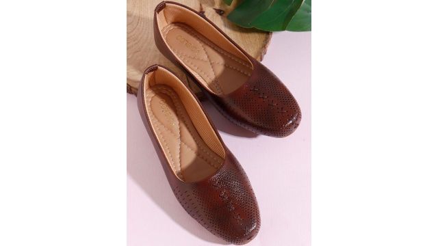 CORSICA Women Brown Laser Cuts Round Toe Slip On Leather Mojaris