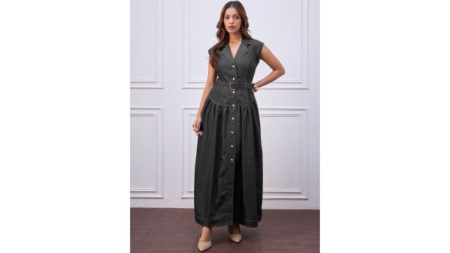 Chemistry Lapel Collar Denim Shirt Maxi Dress