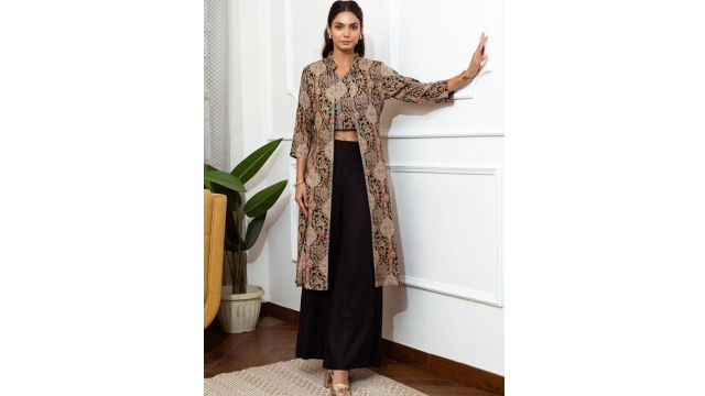 Claura Black Floral Printed V-Neck Top with Shrug & Trousers