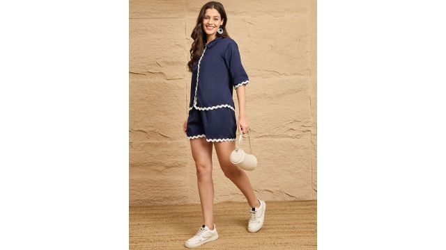 DRAPE AND DAZZLE Navy Top & Shorts Set