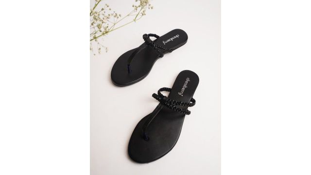 DressBerry Black Braided T-Strap Flats