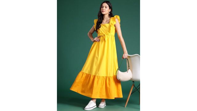 DressBerry Pure Cotton Colourblocked Ruffled Tiered Fit & Flare Maxi Dress