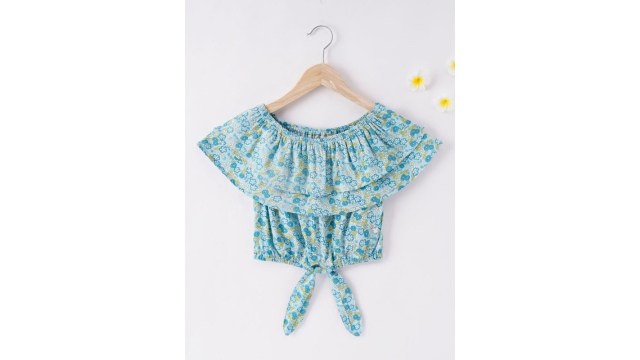 Ed-a-MammaGirls Blue Floral Print Off-Shoulder Bardot Crop Top