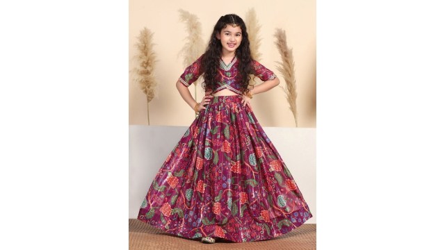 FASHION DREAMGirls Floral Printed Georgette Ready to Wear Lehenga & Choli