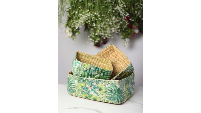HABERE INDIA Green and Beige 3 Piece Jute Storage Baskets