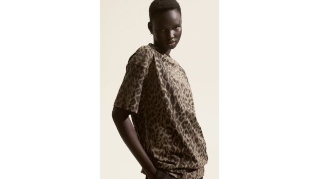 H&M Oversized T-shirt (Grey-green/Black, Leopard-print)