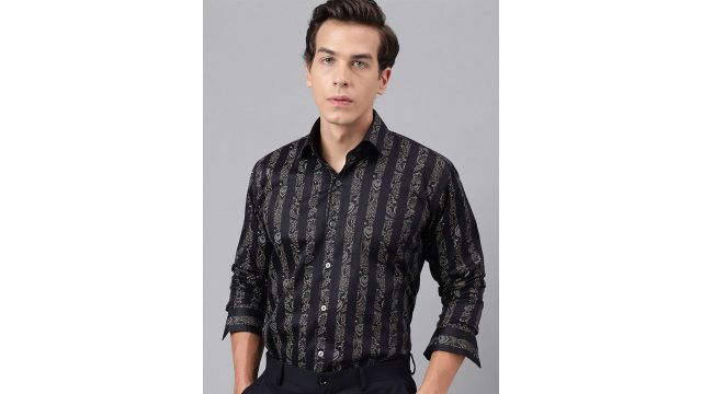 Hancock Pure Cotton Premium Floral Print Striped Satin Slim Fit Party Shirt (Black)​