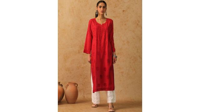 House of Chikankari Women Embroidered Chikankari Chanderi Silk Kurta