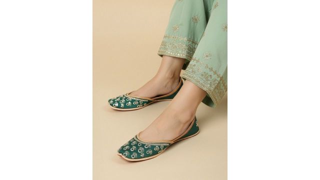 House of Pataudi Women Sequin Embroidered Leather Mojaris