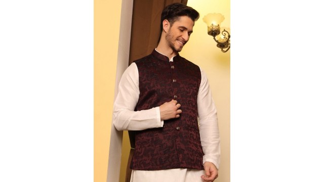 House of PataudiJacquard Woven Design Nehru Jacket