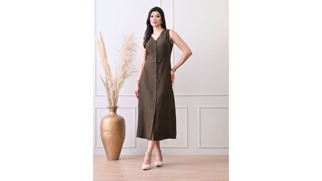 Ikonic klaer Women Textured Sleeveless Chiffon A-Line Midi Dress