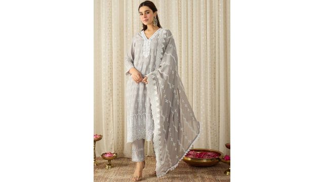 Indo Era Women Ethnic Motifs Embroidered Regular Chikankari Pure Cotton Kurta with Trousers & With Dupatta