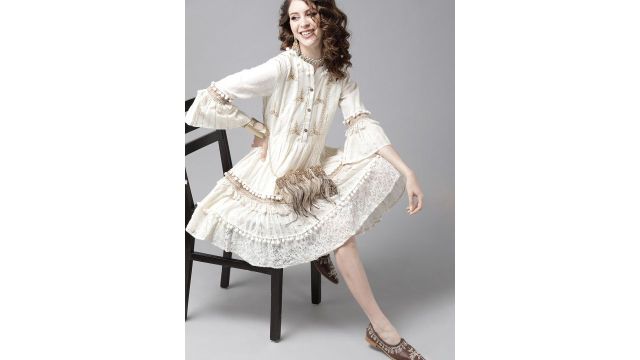 Ishin Women Off-White Pure Cotton Striped A-Line Dress