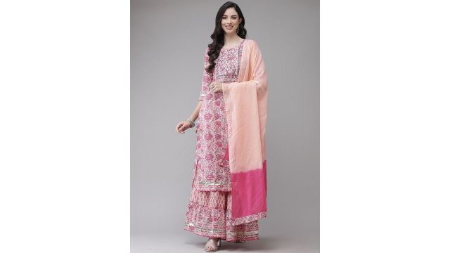 Ishin Women Pink Floral Printed Regular Kurta with Sharara & With Dupatta