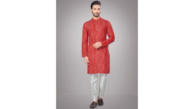 JUGG JUGG JEEYO Men Bandhani Printed Mandarin Collar Regular Kurta with Pyjamas
