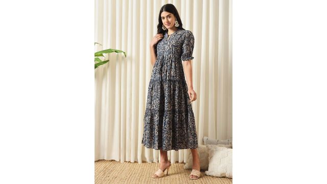 KALINI Floral Printed Mandarin Collar Puff Sleeves Dress